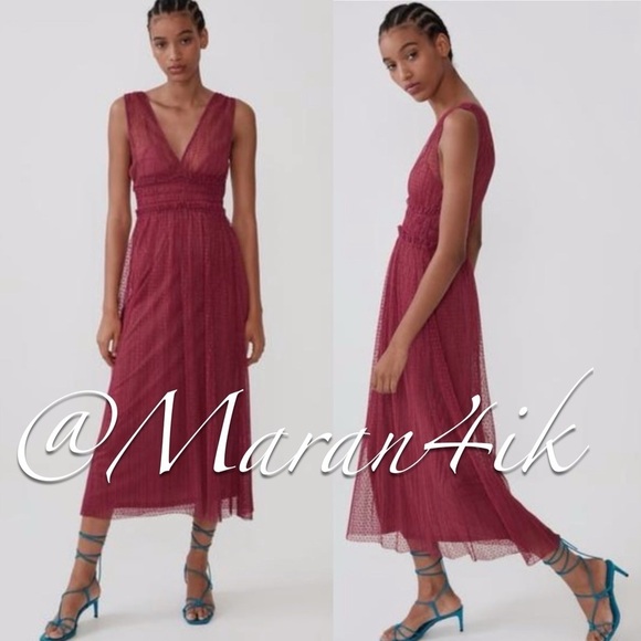 ZARA Swiss Dot Maxi Sheer Mesh Dress Plunge V Neck Sleeveless Burgundy Maroon M - Picture 1 of 14